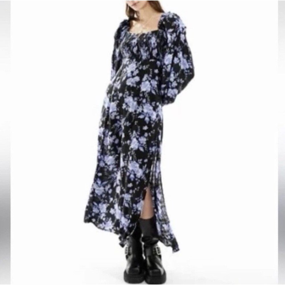 Free People Jaymes Midi Dress Floral Balloon Sleeve Black Blue Small